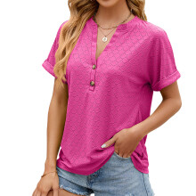 Women's Button Down Tops, V Neck Loose Sleeved-rose red XXL