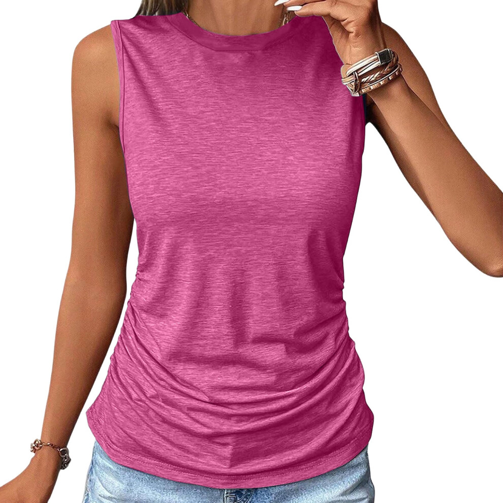 Red Womens Ruched Tank Tops Crewneck Sleeveless Shirts-Rose M