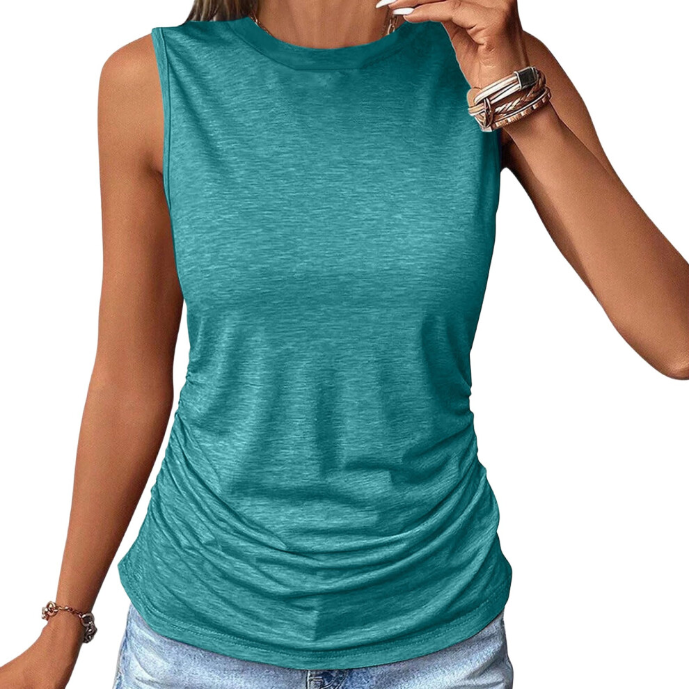 Womens Ruched Tank Tops Crewneck Sleeveless Shirts-emerald L