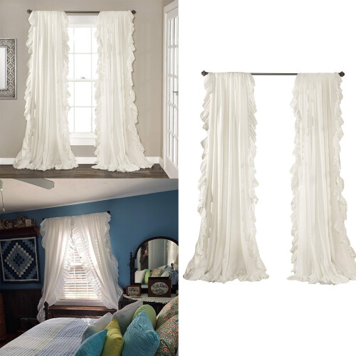 White Linen Curtain Panel with Ruffle Border – 2 Pack