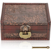 Vintage Wooden Jewelry Box with Lock & Hinged Lid
