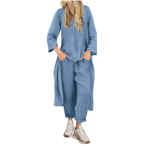 Women's 2-Piece Linen Set – Light Blue, Loose Fit 2