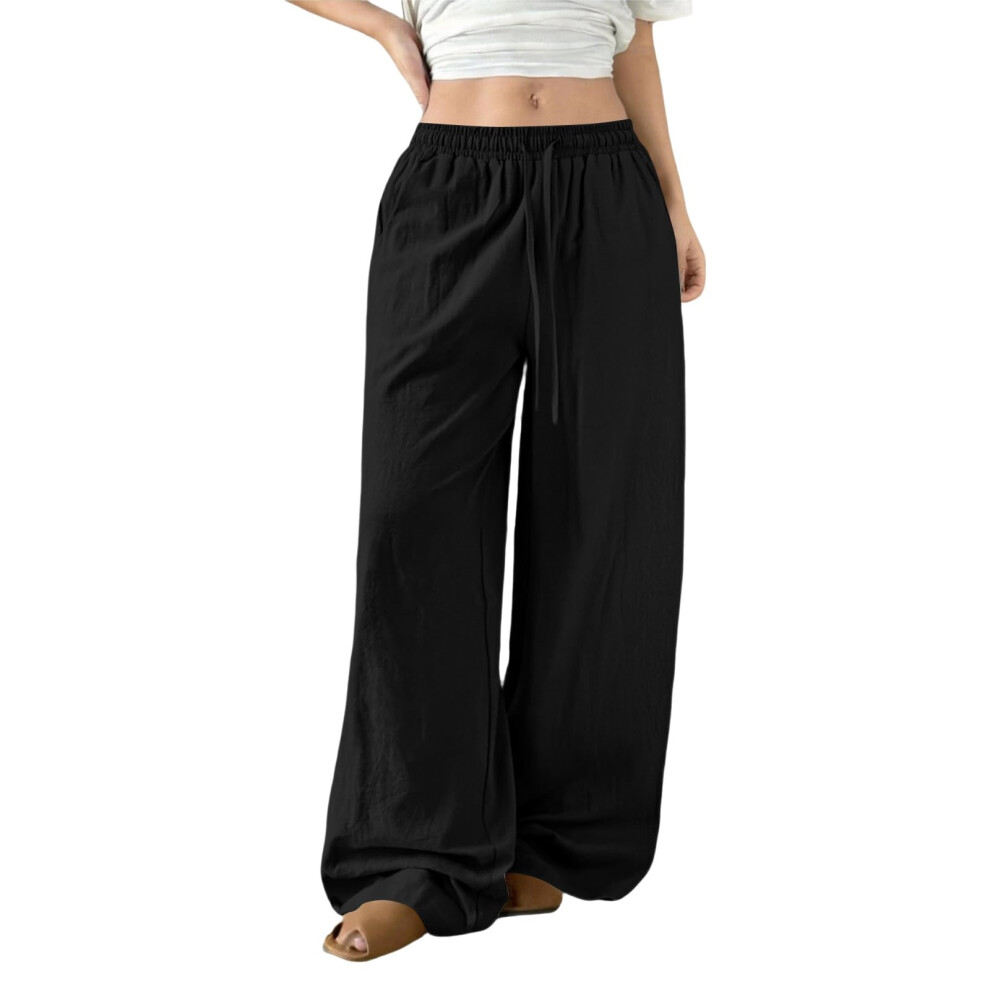 Black Womens Linen Pants Flowy Palazzo Pants Loose Fit Wide- L