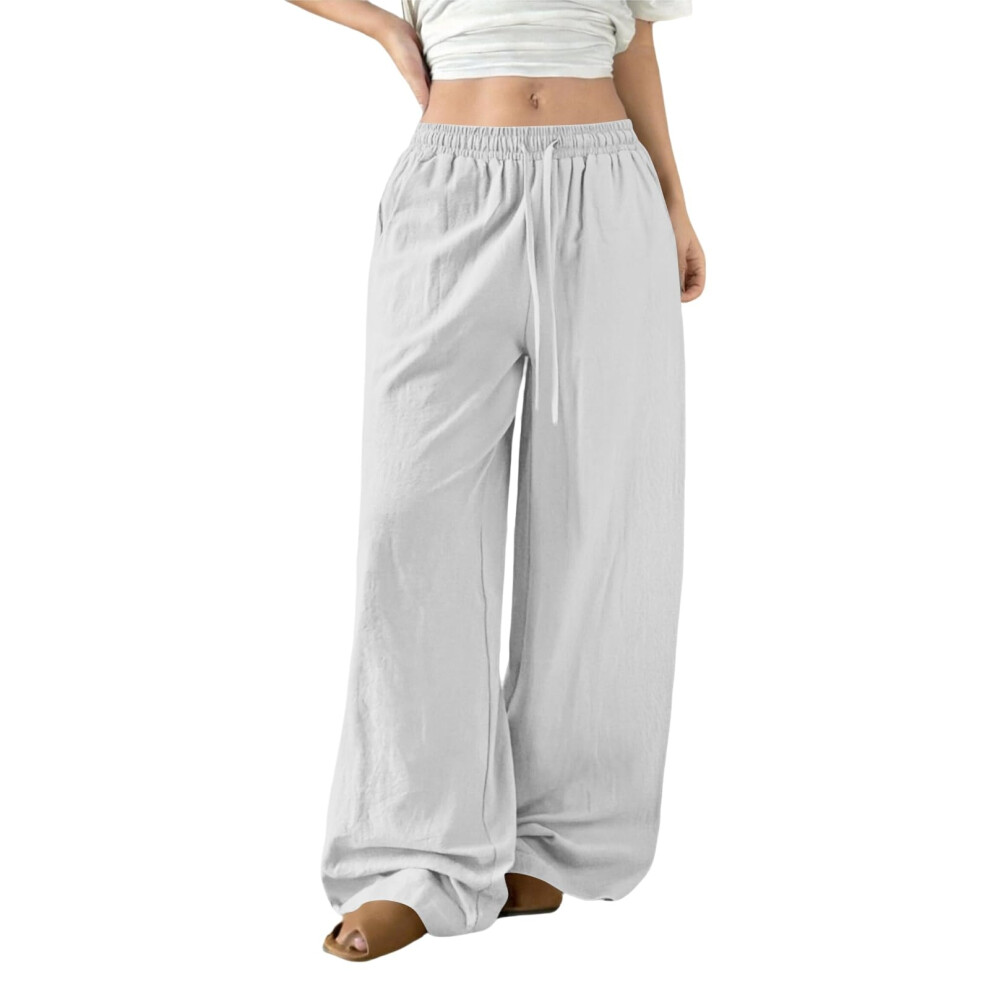 White Womens Linen Pants Flowy Palazzo Pants Loose Fit Wide- L