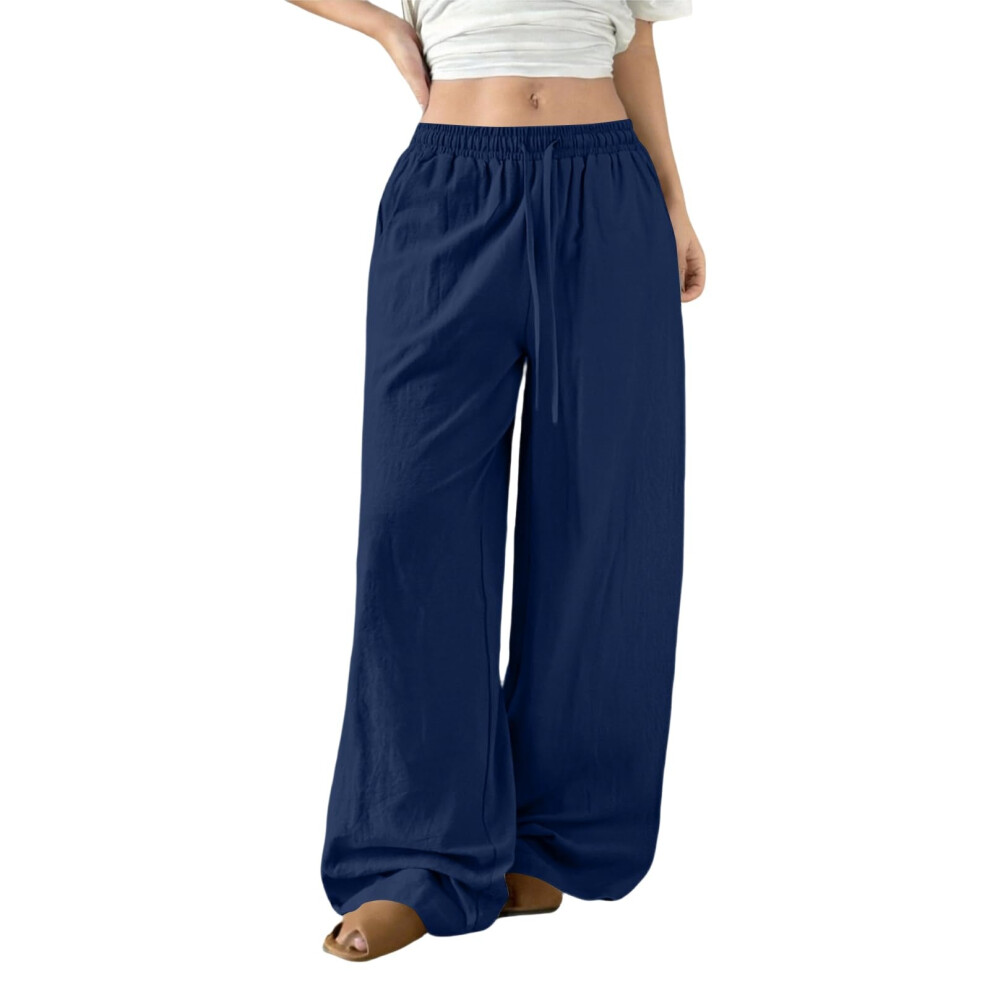Womens Linen Pants Flowy Palazzo Pants Loose Fit-navy blue XL