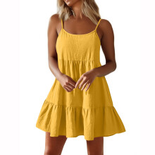 Women Spaghetti Strap Ruffle Tiered Short Flowy Dress-Yellow XS