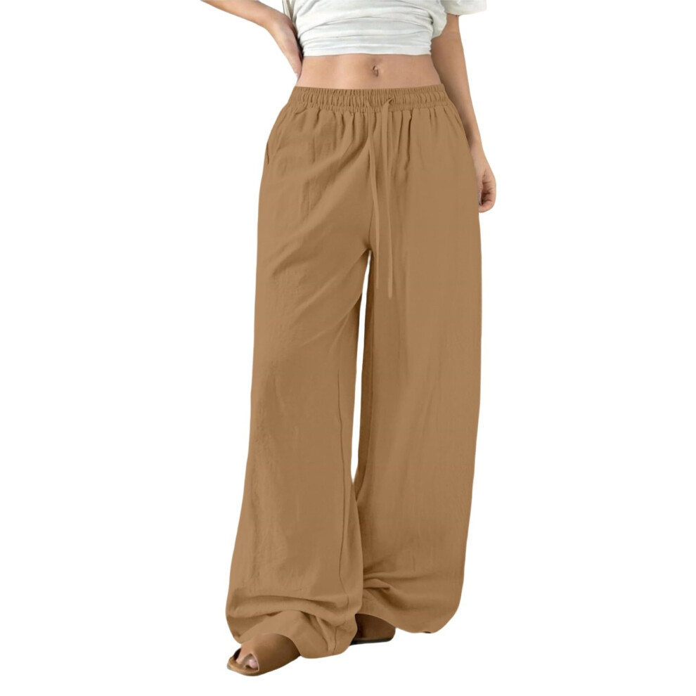 Brown Womens Linen Pants Flowy Palazzo Pants Loose Fit Wide- S