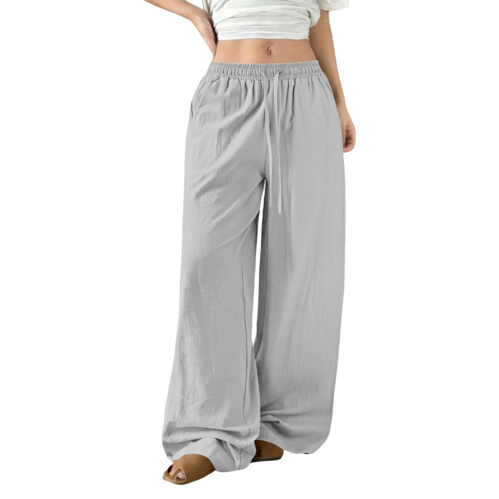 Womens Linen Pants Flowy Palazzo Pants Loose Fit-Light Gray M