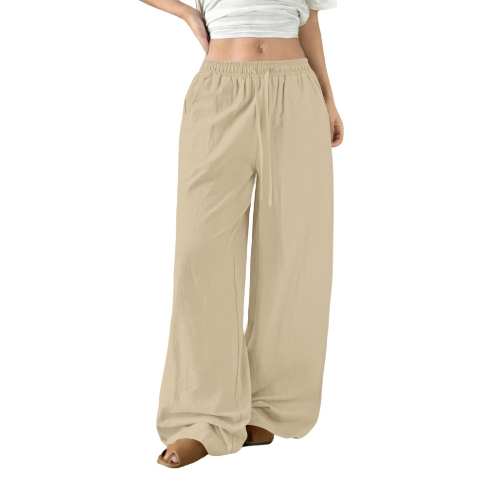 Womens Linen Pants Flowy Palazzo Pants Loose Fit Wide-Khaki XL