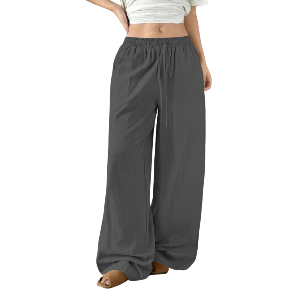Womens Linen Pants Flowy Palazzo Pants Loose Fit-Dark Grey XXXL