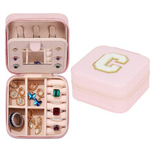 Pink Leather Travel Jewelry Box with Embroidered Letters
