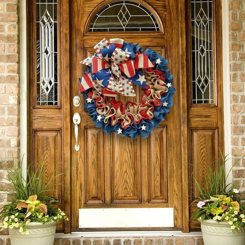 Patriotic Burlap Wreath 16" Red White Blue