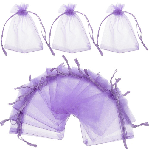 50 Sacolas de Presente com Cordão em Organza Roxa, 12x9cm