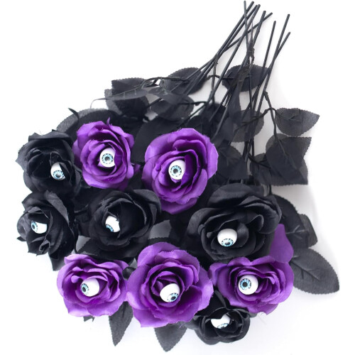 Black Artificial Silk Roses with Eyeballs – 10 pcs, 39 cm