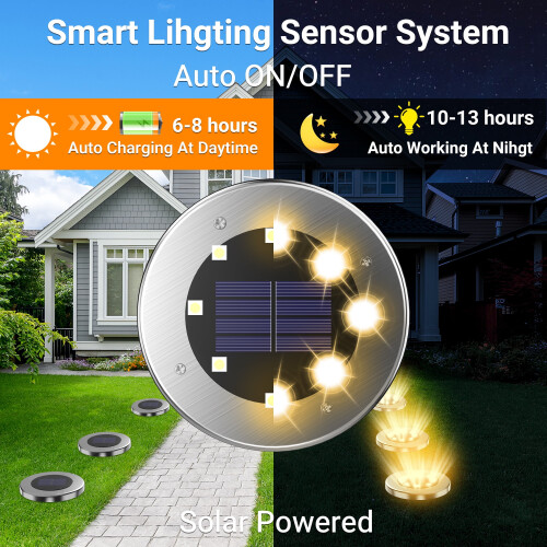 8-Pack Solar Ground Lights, 4.5" Warm White LED, IP65 2