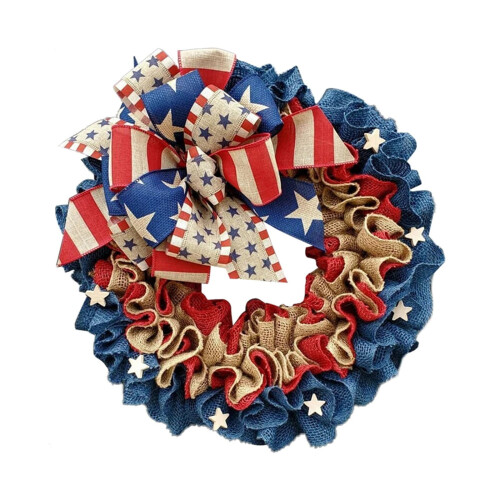 Patriotic Burlap Wreath 16" Red White Blue 1