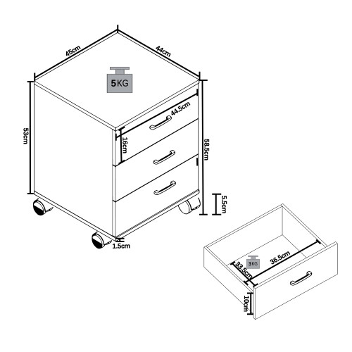 (Chipboard, Grey) Wooden Roller Container Drawer Tobila 1