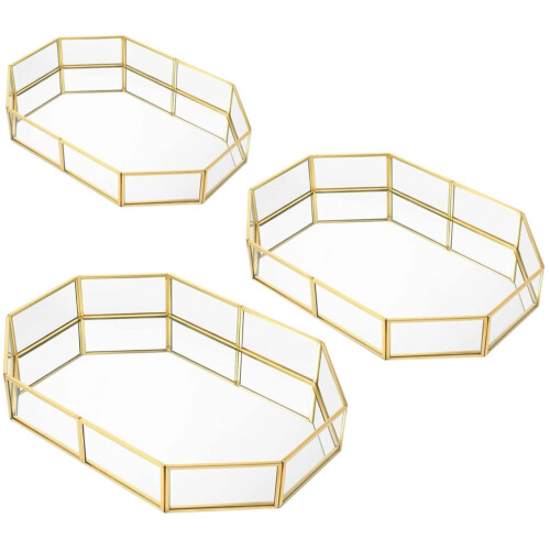 Goldenes Glas-Schminktablett-Set, 3-teilig, achteckiges Spiegeldesign