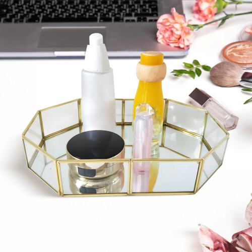 Goldenes Glas-Schminktablett-Set, 3-teilig, achteckiges Spiegeldesign 1
