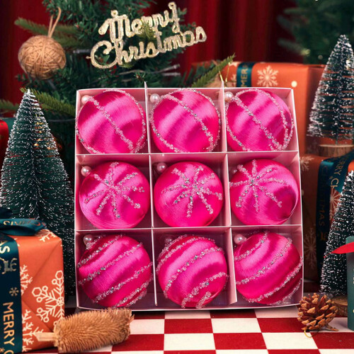 8cm Satin Christmas Balls 9-Pack Rose Red 1