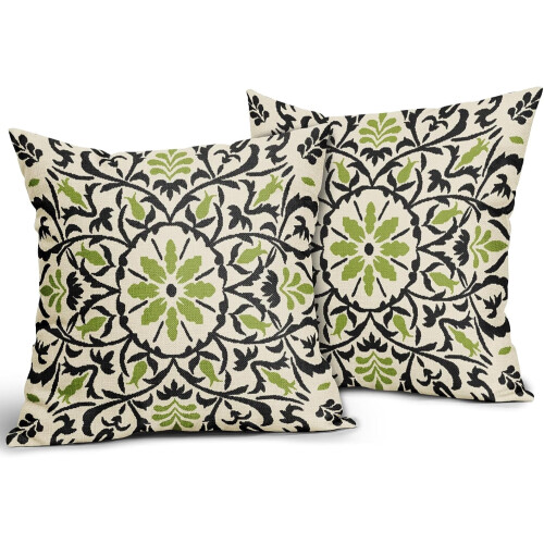 Conjunto de 2 capas de almofada boho em linho preto e verde, 45x45 cm (18x18 polegadas). 1