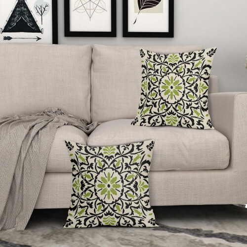 Conjunto de 2 capas de almofada boho em linho preto e verde, 45x45 cm (18x18 polegadas). 2