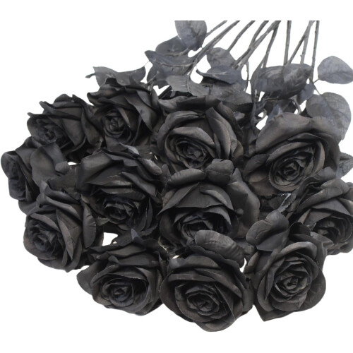 Rose artificiali nere in seta, 12 pezzi, gambo lungo