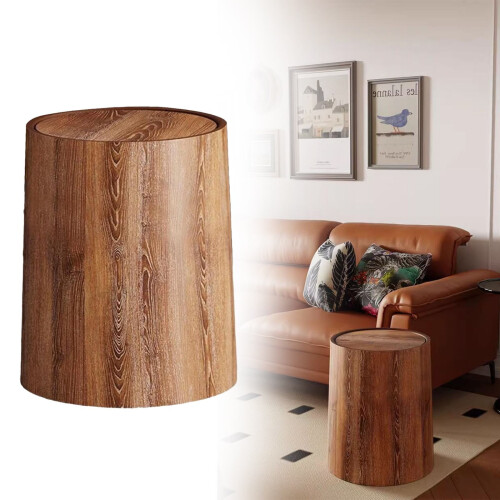 Wood Grain Plastic Trash Can with Lid – Round, Retro Style 1