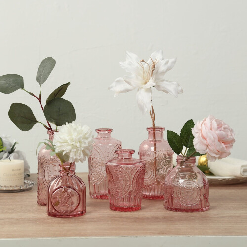 6 Embossed Vintage Glass Bud Vases