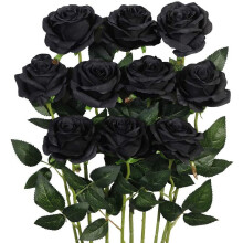 10pcs Realistic Silk Black Roses with Flexible Stems