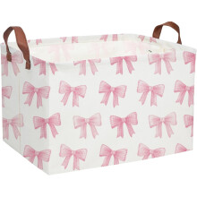 Pink Linen-Cotton Storage Basket with Bowknot, 15x9x10 in