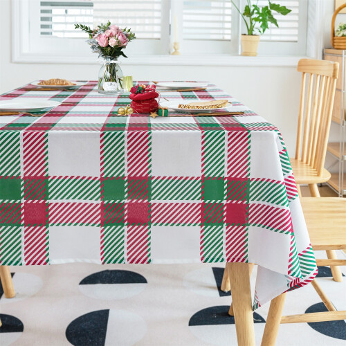 Plaid Pom-Pom Tablecloth Rectangular Linen Look 1