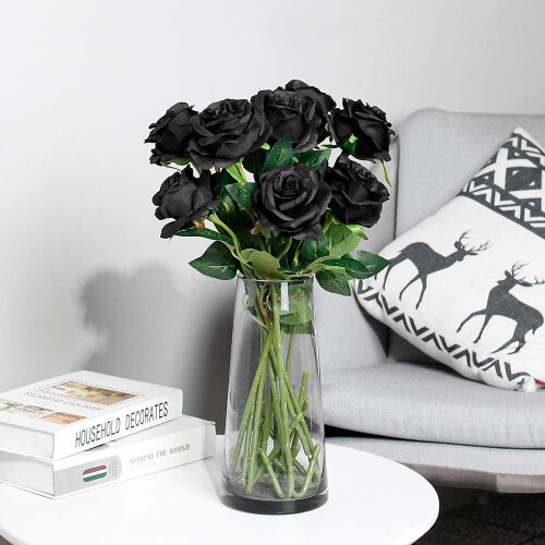 10pcs Realistic Silk Black Roses with Flexible Stems 2