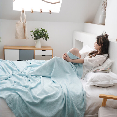 Light Blue Cotton Throw Blanket for Adults, Full Size 1