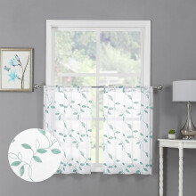 White leaf sheer curtains with embroidered leaves, 38 x 63