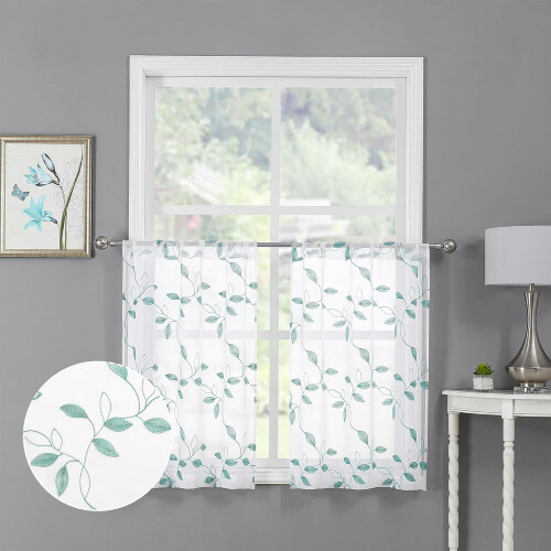 White leaf sheer curtains with embroidered leaves, 38 x 63