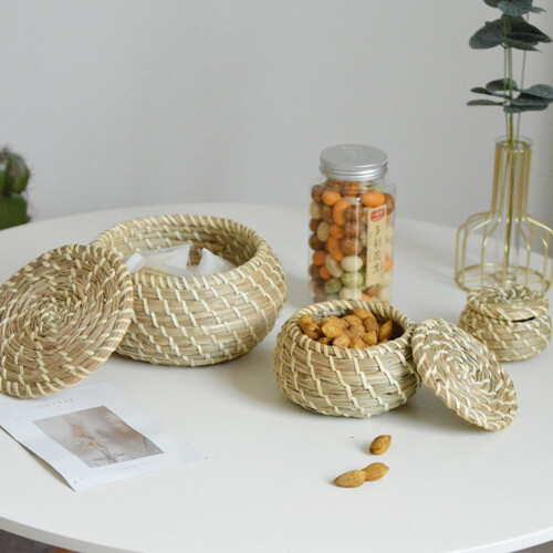 3pcs Mini Straw Woven Storage Baskets with Lids