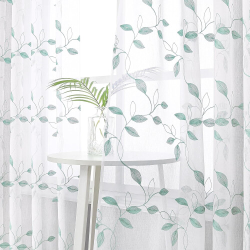 White leaf sheer curtains with embroidered leaves, 38 x 63 1