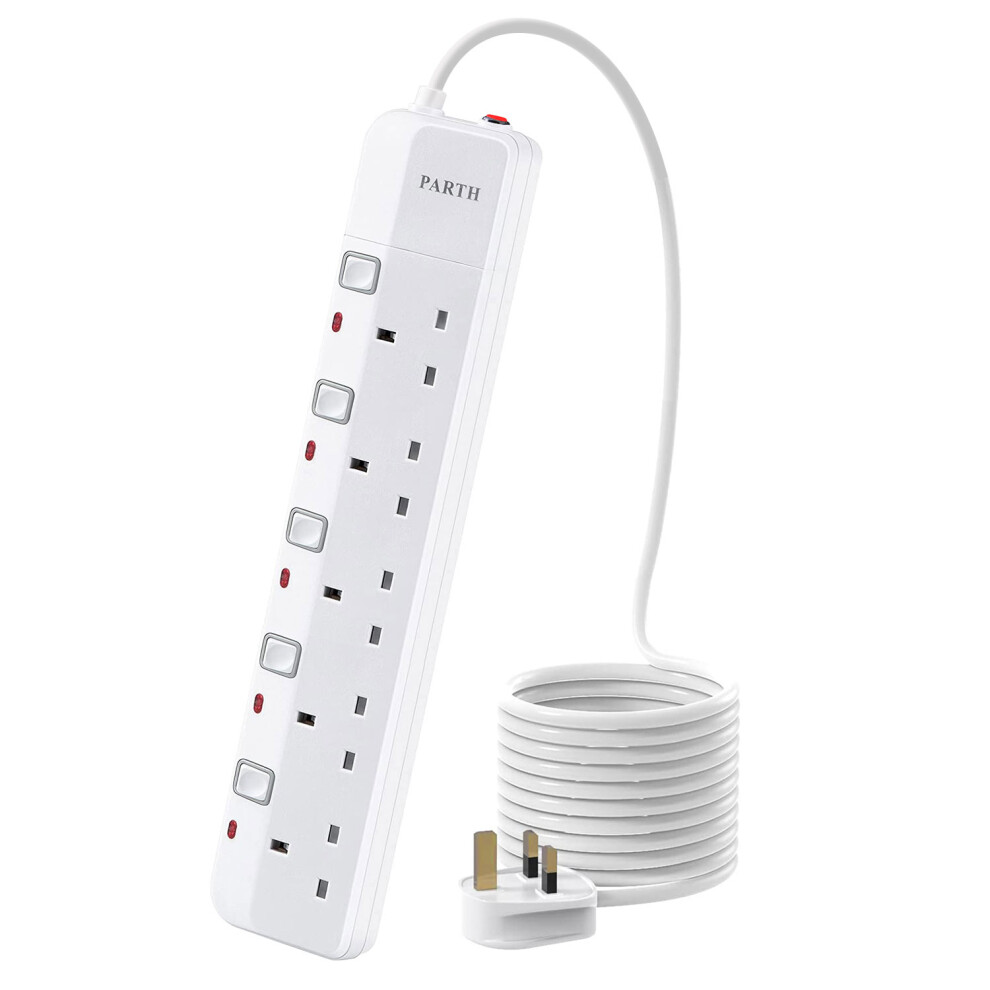 Parth 3M Surge Protected Extension Lead With Switches 5 Way Sockets Power Strip With 3 Metre Cord Wall Mounted 5 Gang Plug Extension Sockets 3250W/13A 768825508094