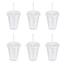 Conjunto de 6 copos plásticos de 473 ml (16 oz) com tampa e canudo.