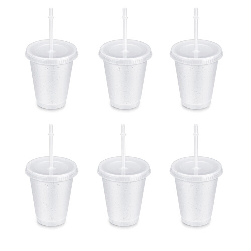 6er-Packung 16oz Plastikbecher mit Deckel und Strohhalm