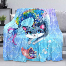 Einhorn-Katzen-Meerjungfrauen-Decke, blaues Fleece, 152 x 203 cm