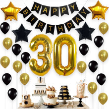 Elegant 30th Birthday Decor Kit – Black & Gold, 30-Piece
