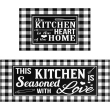 Buffalo Plaid Kitchen Rug Set Black White 2 pcs
