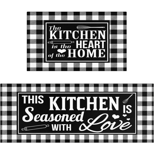 Buffalo Plaid Kitchen Rug Set Black White 2 pcs