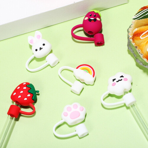 Adorable Rabbit & Rainbow Straw Caps, Soft Rubber, 6–8mm 1