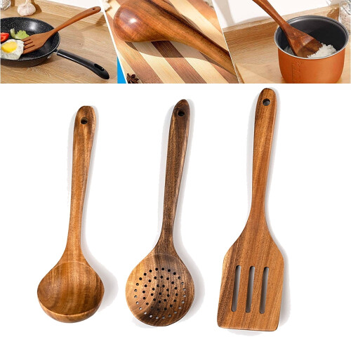 LNGOOR 3-Piece Teak Kitchen Utensil Set
