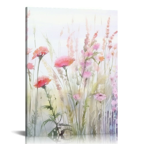 Framed Pink Daisy Canvas Art – Boho Botanical Wall Decor