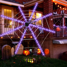 Rede de luz LED em formato de teia de aranha de 3,65 m com controle remoto e aranha de 60 cm.
