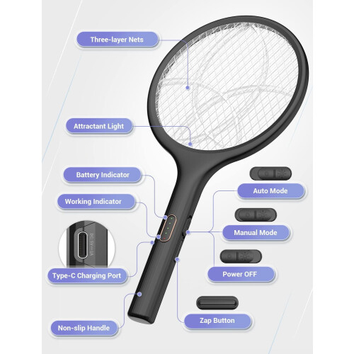 Myggdreperracket 4000V lilla lys oppladbart dobbelt